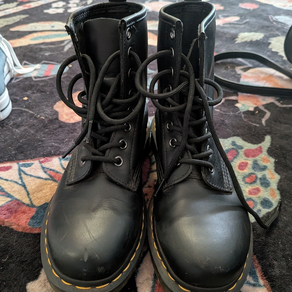 Dr. Martens 1460 Black Leather Lace-Up Boots with Yellow Stitching